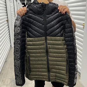 Black and Army Green Puffer Hooded Jacket with side pockets and Logo on Sleeves